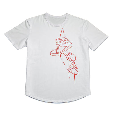 White graphic t-shirt for short guys with red shoes