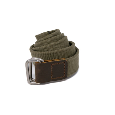 Olive Green Belt | Canvas Belt with Distressed Leather Tips and D-Ring Buckle 